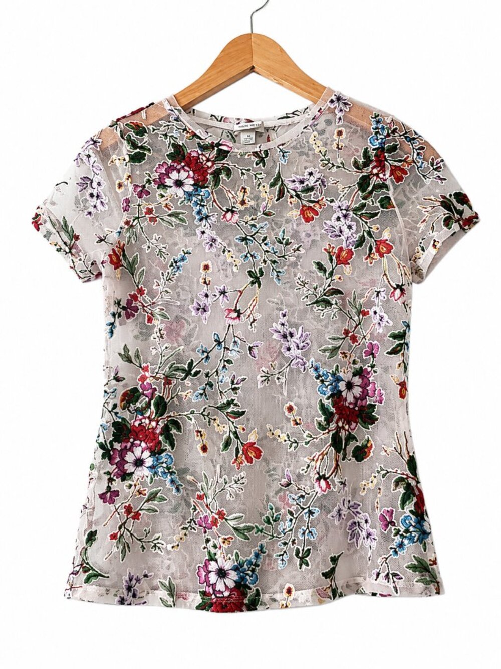 A New Day White Multicolor Floral Sheer Mesh Short Sleeve Top Size S
